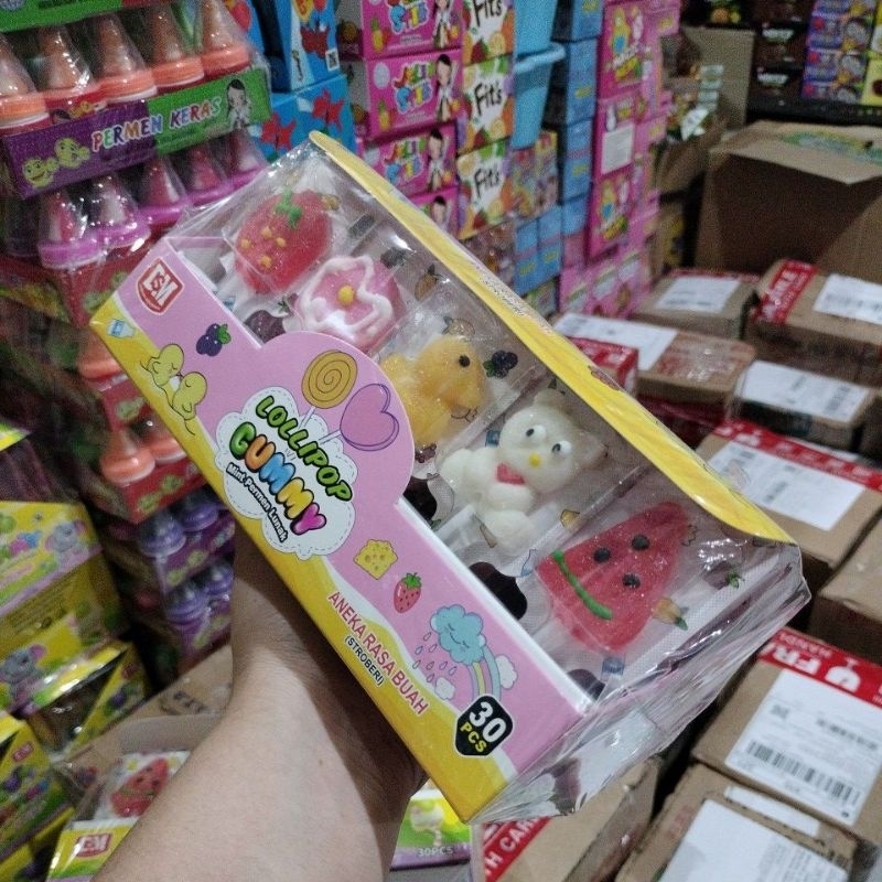 

PERMEN DLIMPOR GUMMY LOLLIPOP HARGA 1 BOX ISI 30 pics