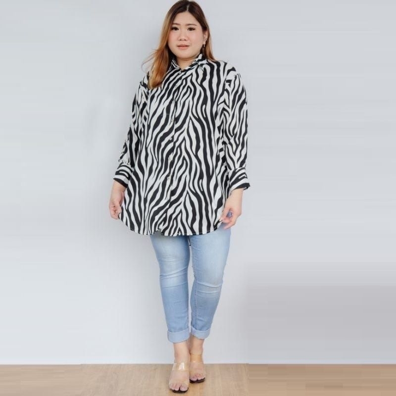 Baju Kemeja Jumbo Lengan Panjang Motif Zebra Wanita
