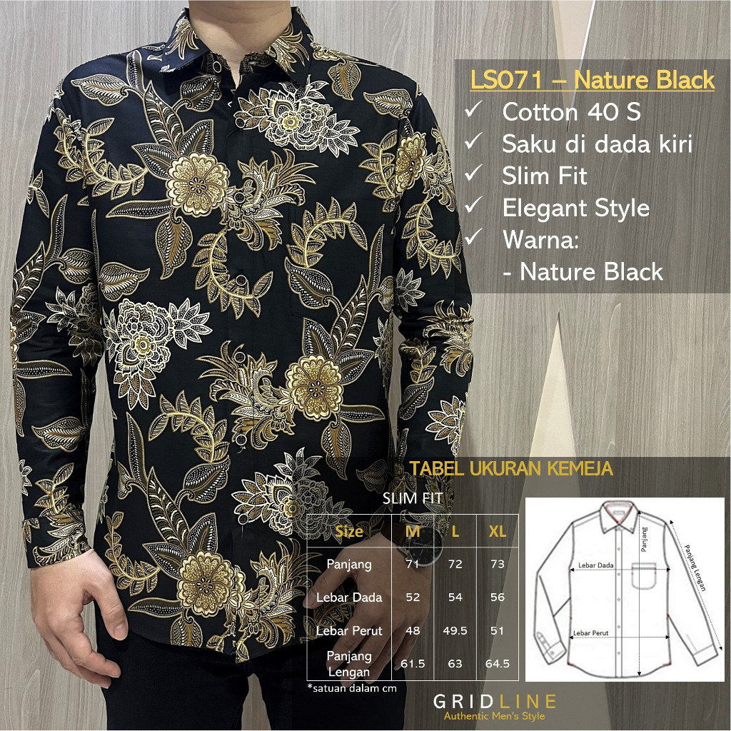 [GRIDLINE - LS071 Nature Black] Baju Kemeja Batik Slimfit Pria Lengan Panjang Katun Premium
