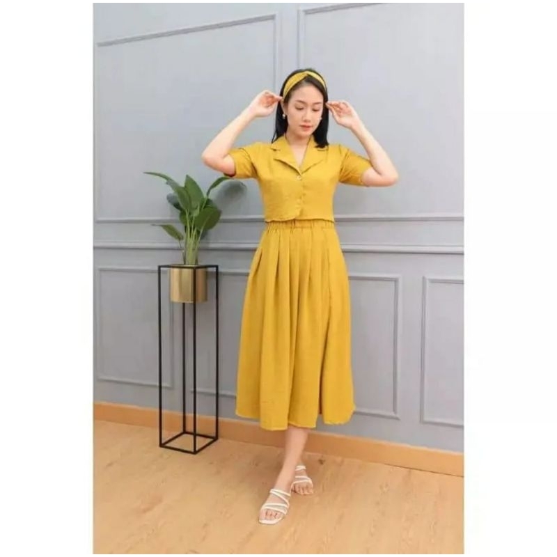 Kimmy Set Kemeja Crop Top dan Rok / Setelan Wanita One Set Crop Rok Wanita Kekinian