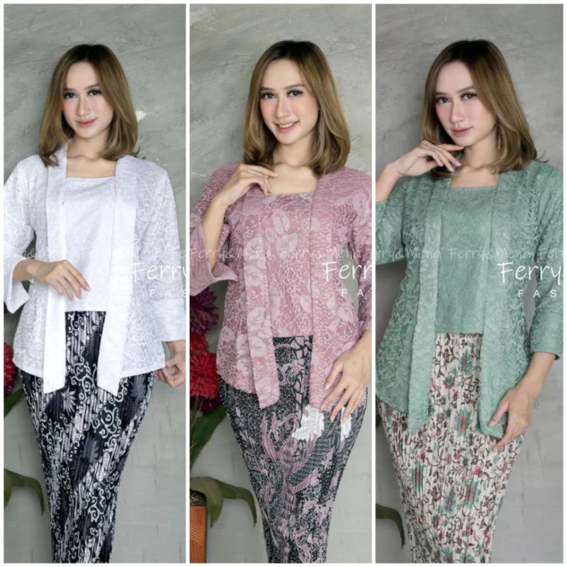 Set Baju Kebaya Modern Kutubaru Brokat Lengan Pendek Mix Rok Plisket Batik Panjang Atasan Kebaya Pes