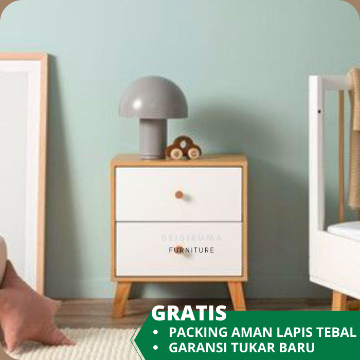 Meja Nakas Minimalis aesthetic 2 Laci Tarikan Bulat