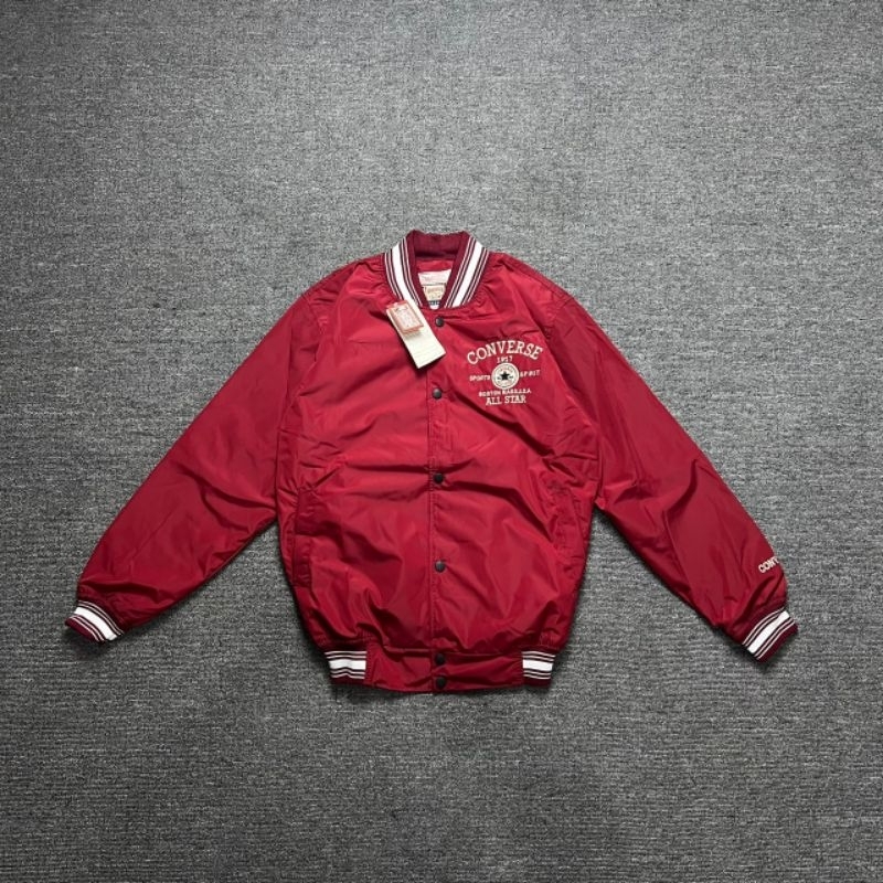 JAKET BOMBER VARSITY CONVERSE RED BORDER FULL TAG LABEL