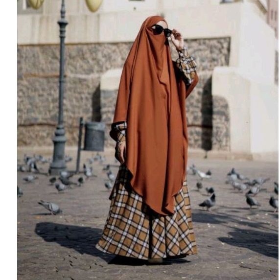 EY- SET GAMIS FLANEL KHIMAR SYARI JUMBO CADAR HANNAH BY MAHIRA/ GAMIS MOTIF KOTAK2 CASUAL PREMIUM KH