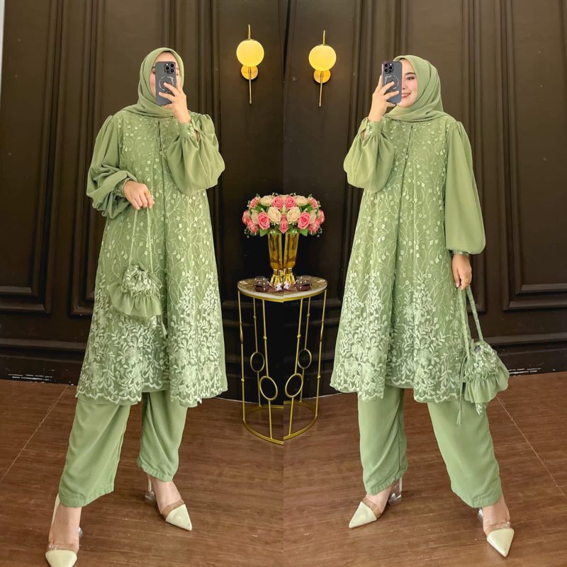 setelan celana polos tunik brukat pesta mewah kondangan