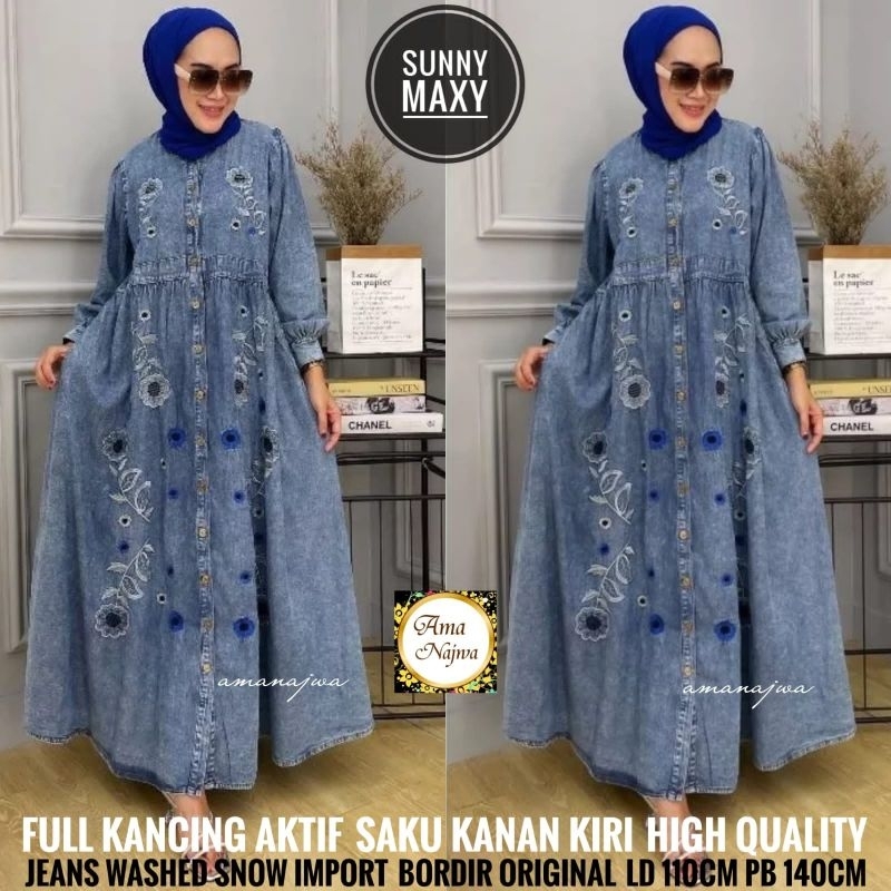 Sunny Dress Maxy Gamis Jeans Snow Bordir Bunga Ld 110 Jumbo Fit XXL Busui Kancing Aktif By Amj