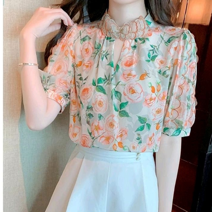 2274 Baju atasan EMBROIDERY COLLAR bunga floral top lengan pendek / Baju kemeja Korea Korean style w