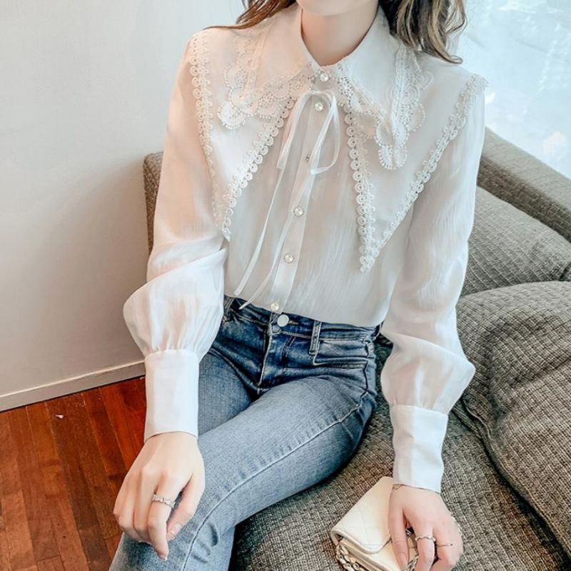 2678 Baju atasan kemeja LACE COLLAR TOP lengan panjang putih pink ungu polos Korea Korean style wani