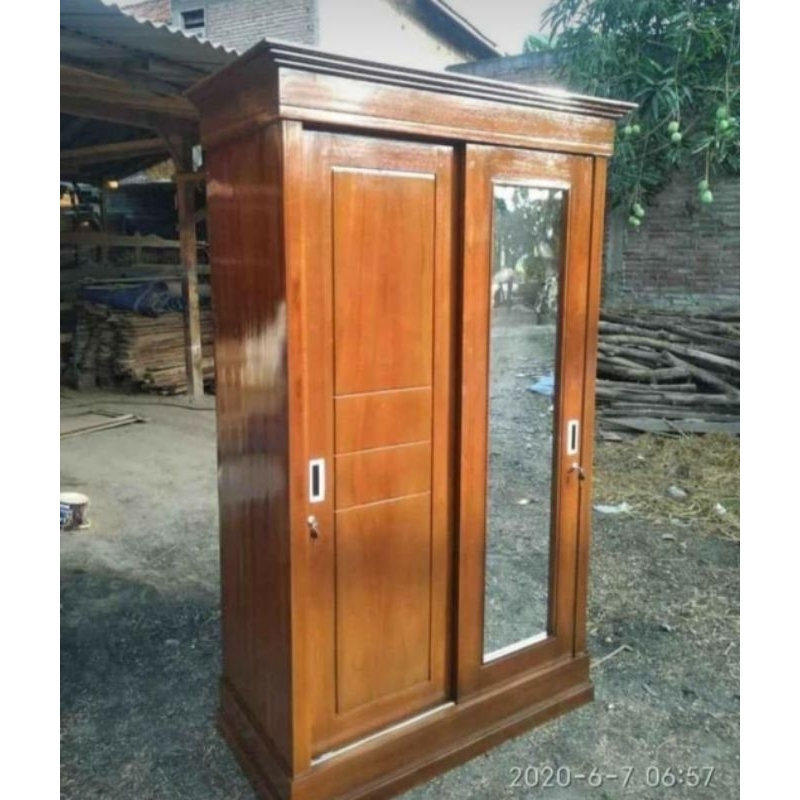 LEMARI SLIDING PINTU 2 KAYU JATI - Lemari Geser Lemari Baju Lemari Pakaian Minimalis