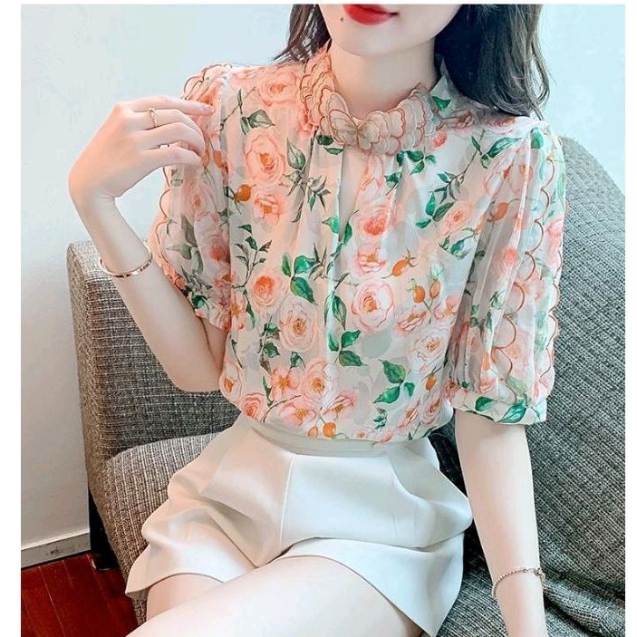 2274 Baju atasan kemeja blouse GLENDA EMBROIDERY COLLAR TOP motif bunga bunga2 floral Korea Korean s