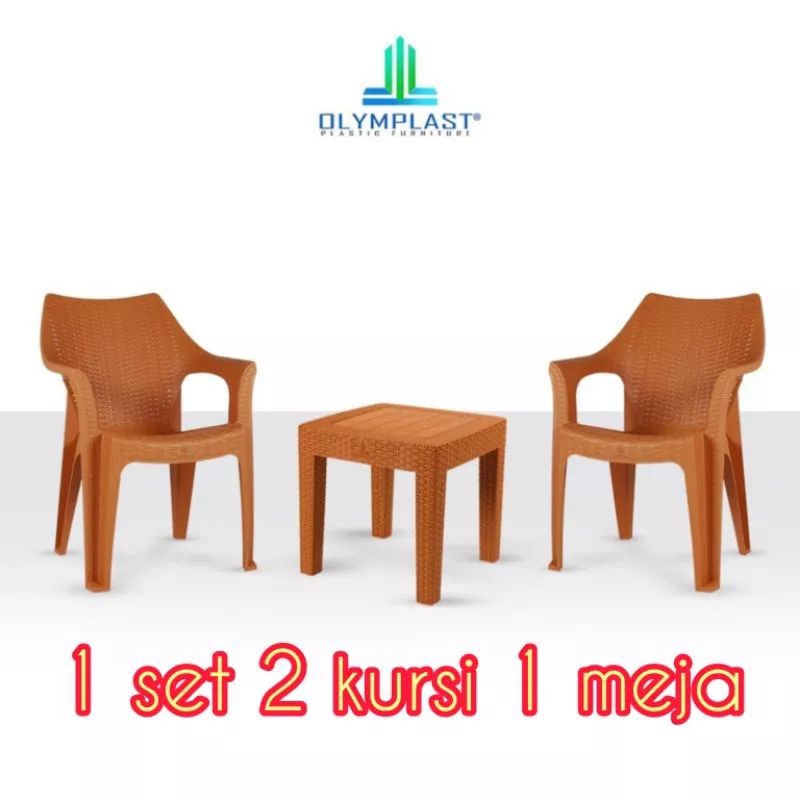 1 SET 2 KURSI TERAS PLASTIK SANDARAN TANGAN + 1 MEJA TERAS OLYMPLAST