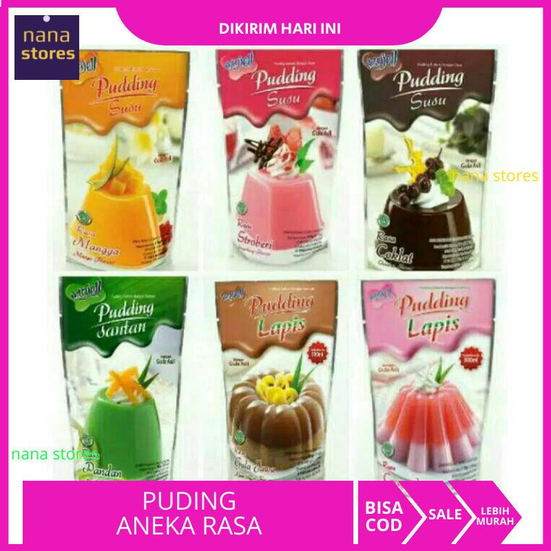 

Pudding nutrijell Rasa Santan, Susu, Stroberi, Mangga, Coklat, Vanila, Lapis Gula, Red Velvet