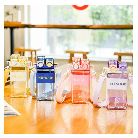 Heenoor Botol Minum Plastik 2 in 1 / Botol Minum Sedot Teguk Kotak Transparan Lucu 580 ML