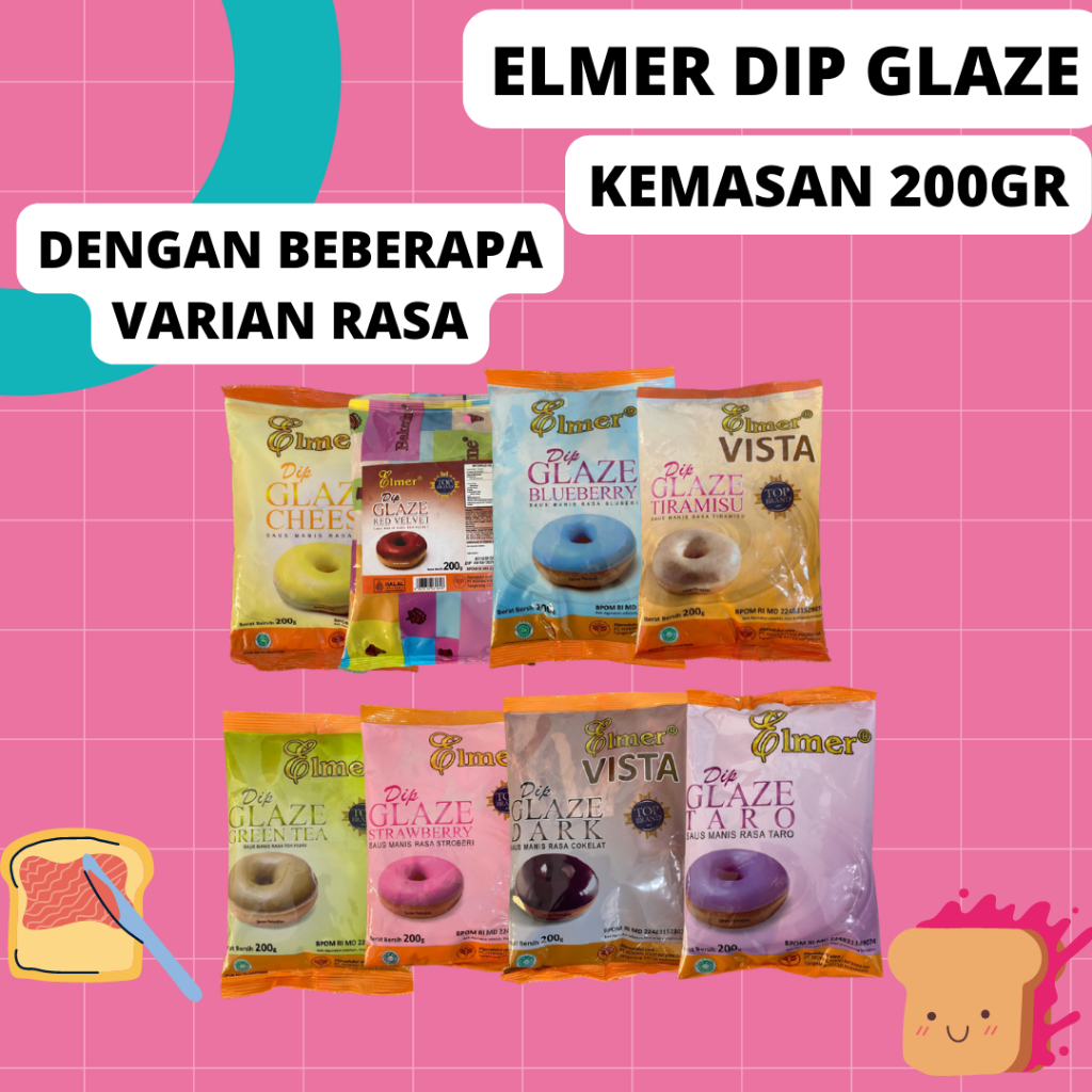 

ELMER DIP GLAZE KEMASAN 200 GR / ALL VARIAN / TOPPING CAKE / DONAT / PACK ( 12 PCS )