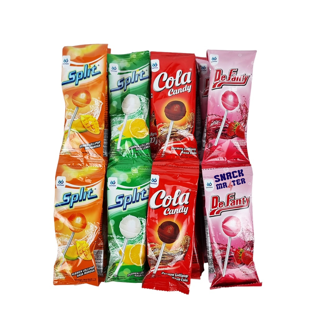 

{ 1 Pack isi 36 biji } Permen DeFanty, Split, Jagoan Neon, Cola, Permen Lolipop Aneka Rasa