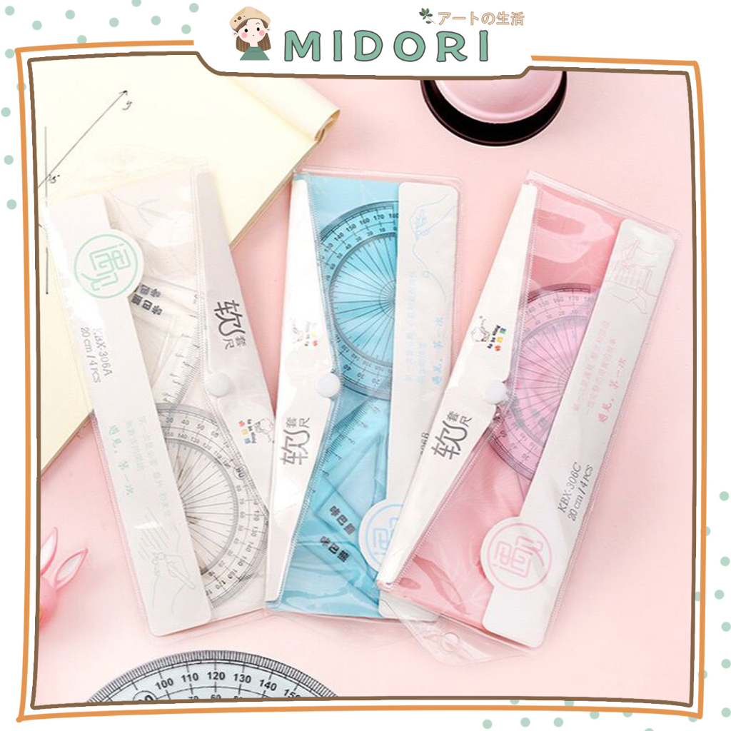 

[MIDORI] 1SET PENGGARIS FLEKSIBEL/ 4PCS Penggaris Segitiga Busur Derajat Transparant Ruler Lucu - F0212