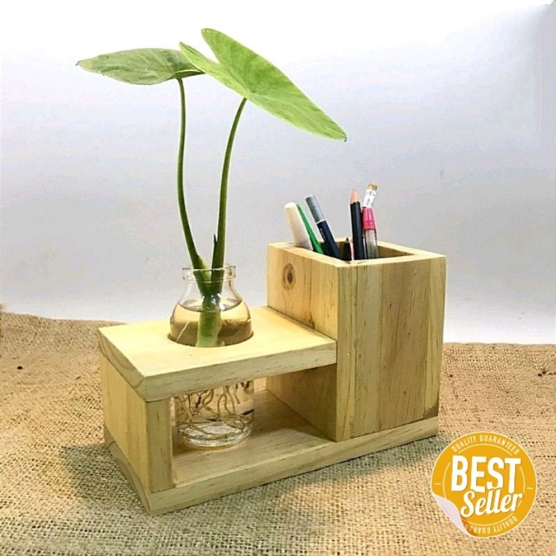 Vas Bunga Kayu Botol Hidroponik Estetik / Tempat Pulpen Pensil Remote/ Rak sendok Garpu Sumpit / Paj