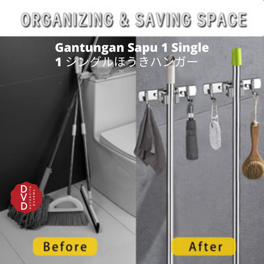 Gantungan Sapu 1 Single Mop Stainless + 2 gantungan kait - Kait Sapu