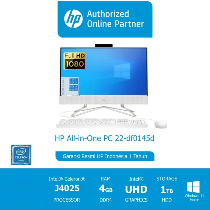 HP All-in-One PC 22-df0145d - INTEL J4025 4GB 1TB DVD-RW 21.5” FHD W11