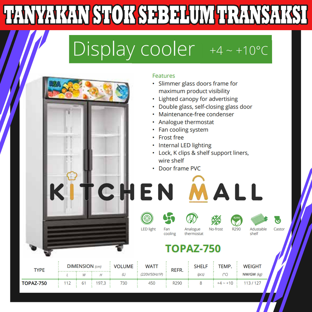 RSA TOPAZ-750 Showcase 2 Pintu Display Cooler Lemari Pendingin Minuman