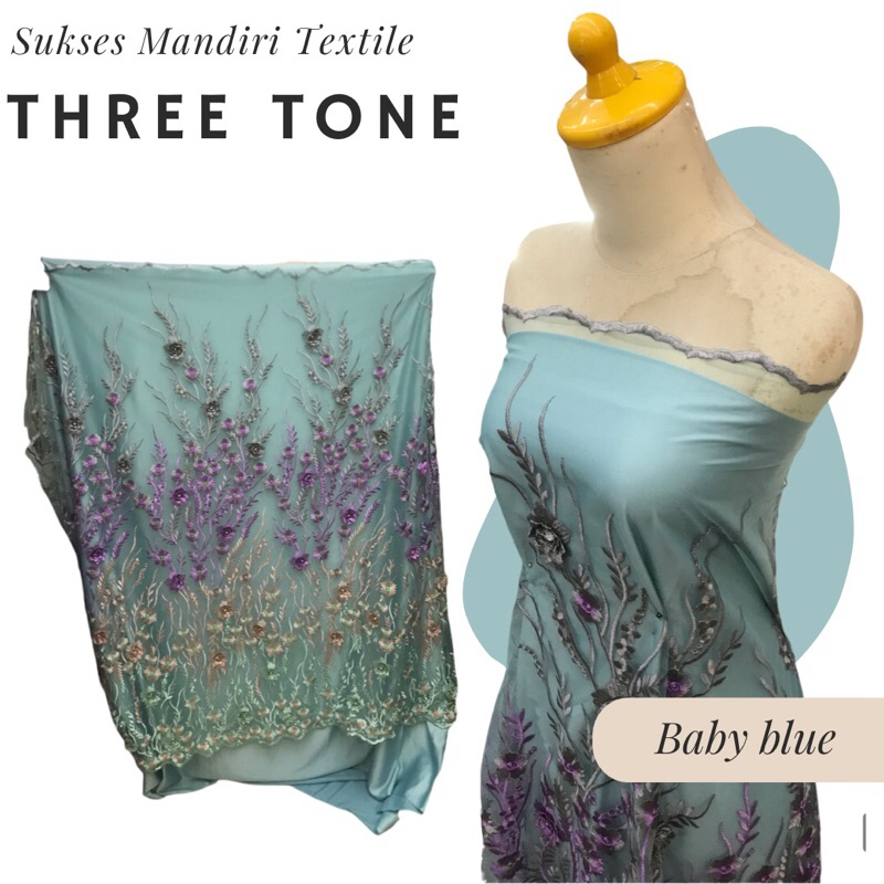 Brokat Tulle Bunga Three Tone warna gradasi tiga 3 warna bunga timbul bunga merambat, Harga per 1/2 