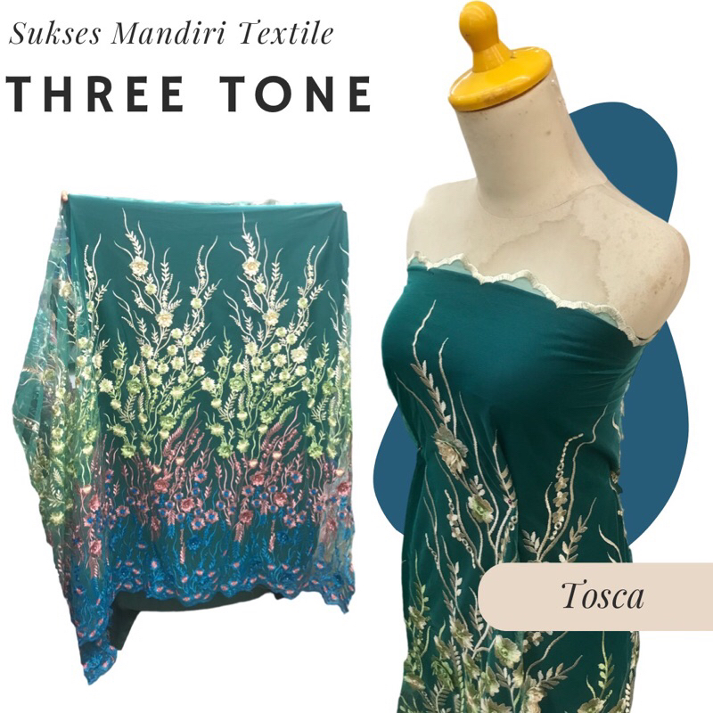 Brokat Tulle Bunga Three Tone warna gradasi tiga 3 warna bunga timbul bunga merambat, Harga per 1/2 