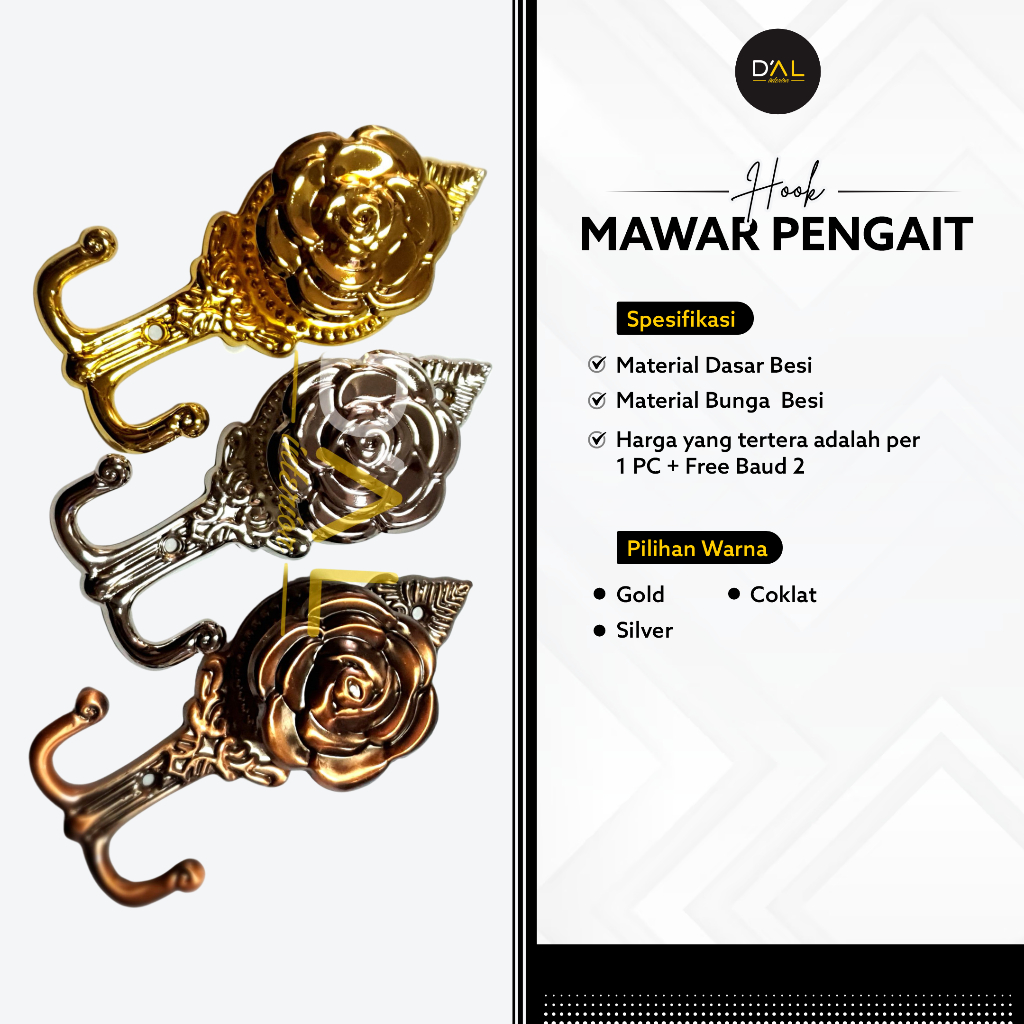 Hook Gorden, Hook Gorden Mewah, Hook Gorden Bentuk Mawar, Pengait Tali Hordeng Bahan Besi