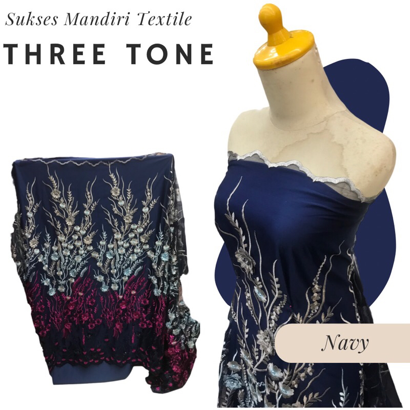 Brokat Tulle Bunga Three Tone warna gradasi tiga 3 warna bunga timbul bunga merambat, Harga per 1/2 