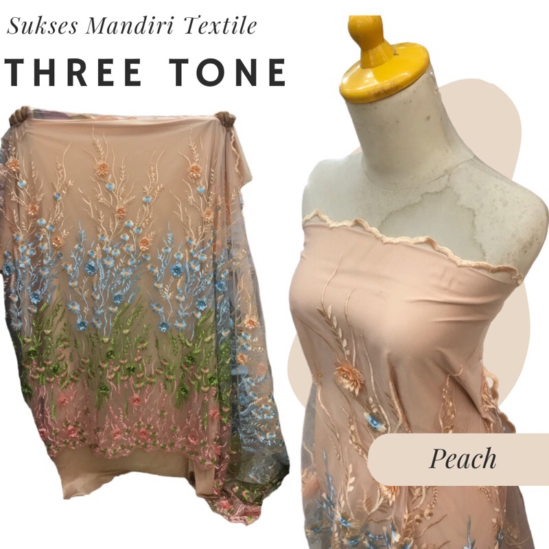 Brokat Tulle Bunga Three Tone warna gradasi tiga 3 warna bunga timbul bunga merambat, Harga per 1/2 