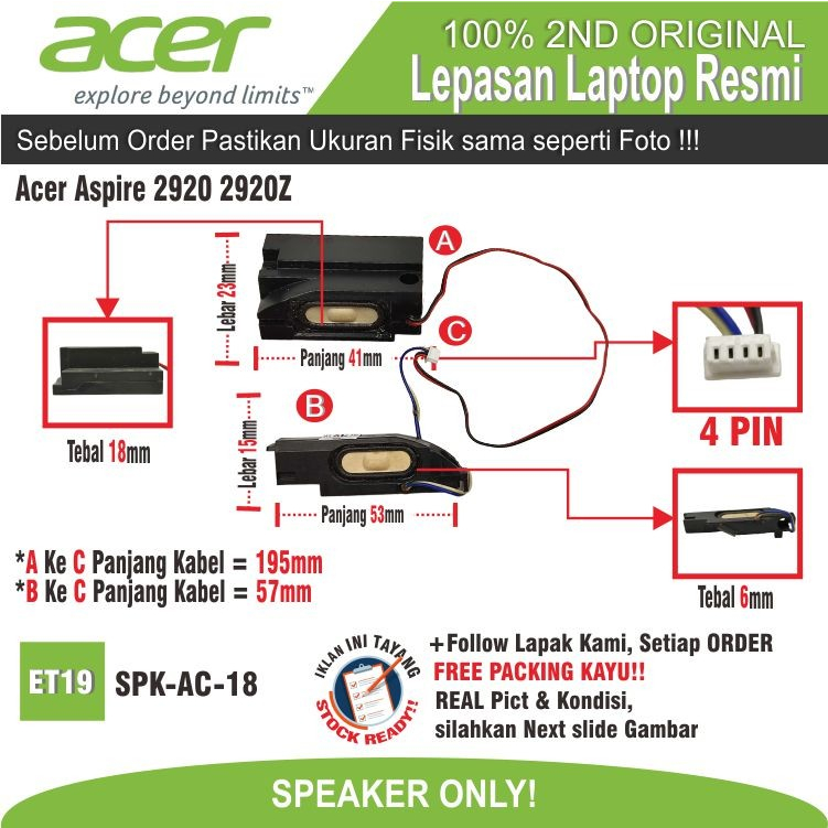ET19 SPK-AC-18 Speaker Suara Laptop Laptop Acer Aspire 2920 2920Z