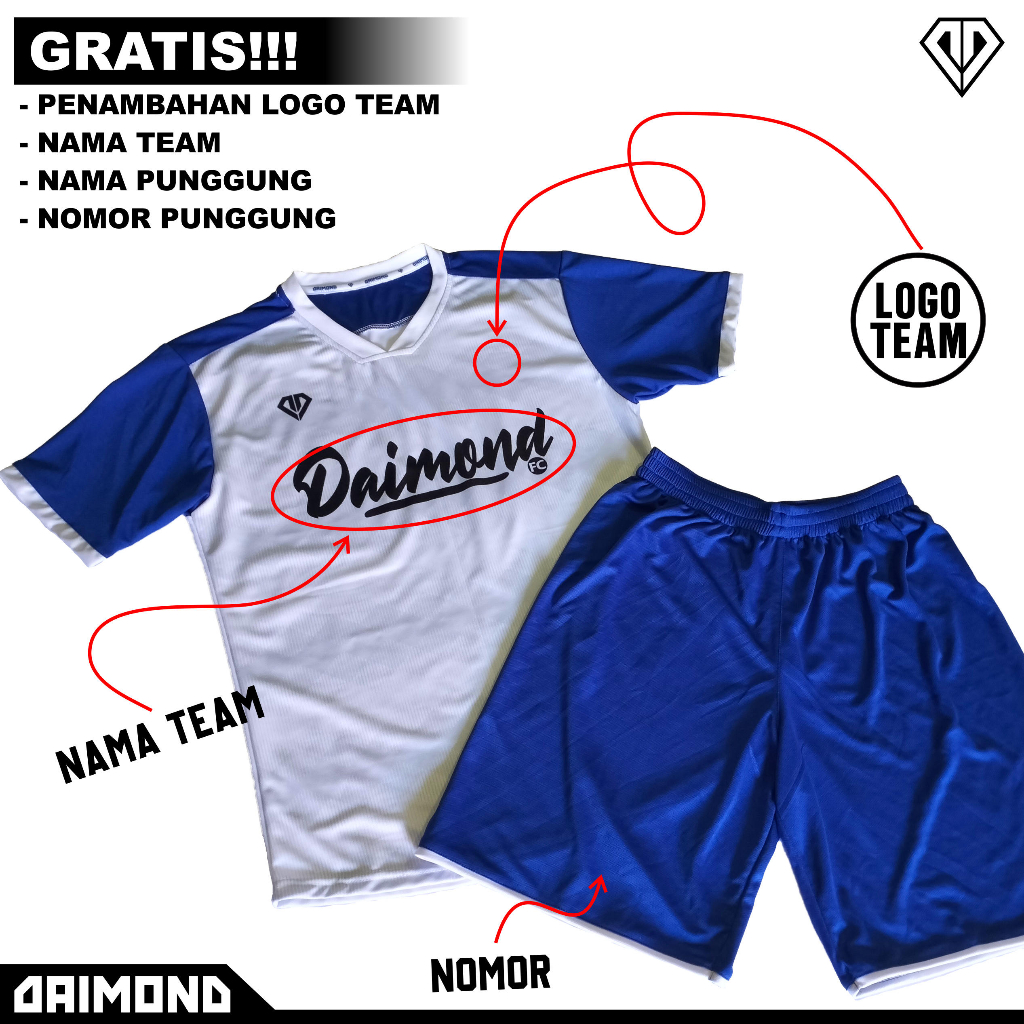 DAIMOND JERSEY CUSTOM FUTSAL/BOLA PRINTING Gratis tambah nama nomor logo sponsor/ Pembuatan super ce