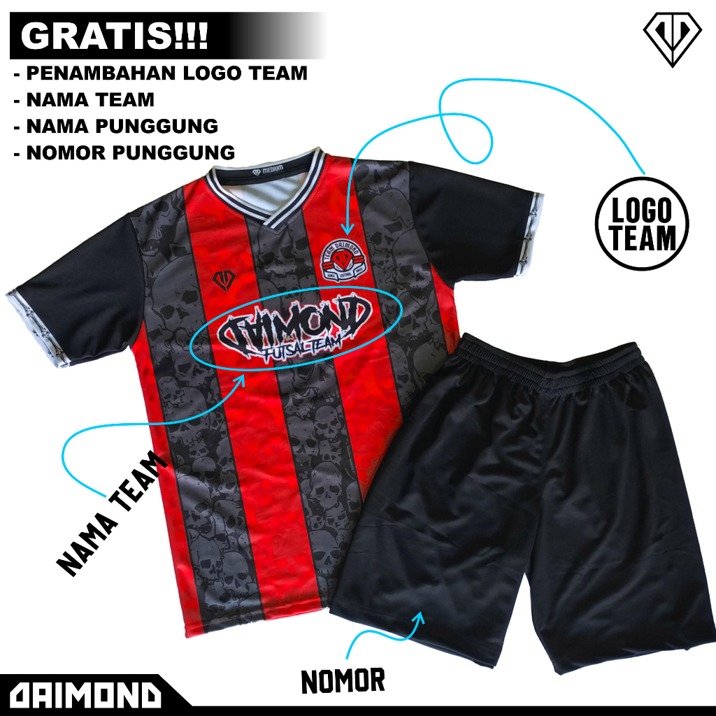 DAIMOND JERSEY FUTSAL/BOLA CUSTOM PRINTING Gratis nama nomor logo sponsor/ Prosses pembuatan super c