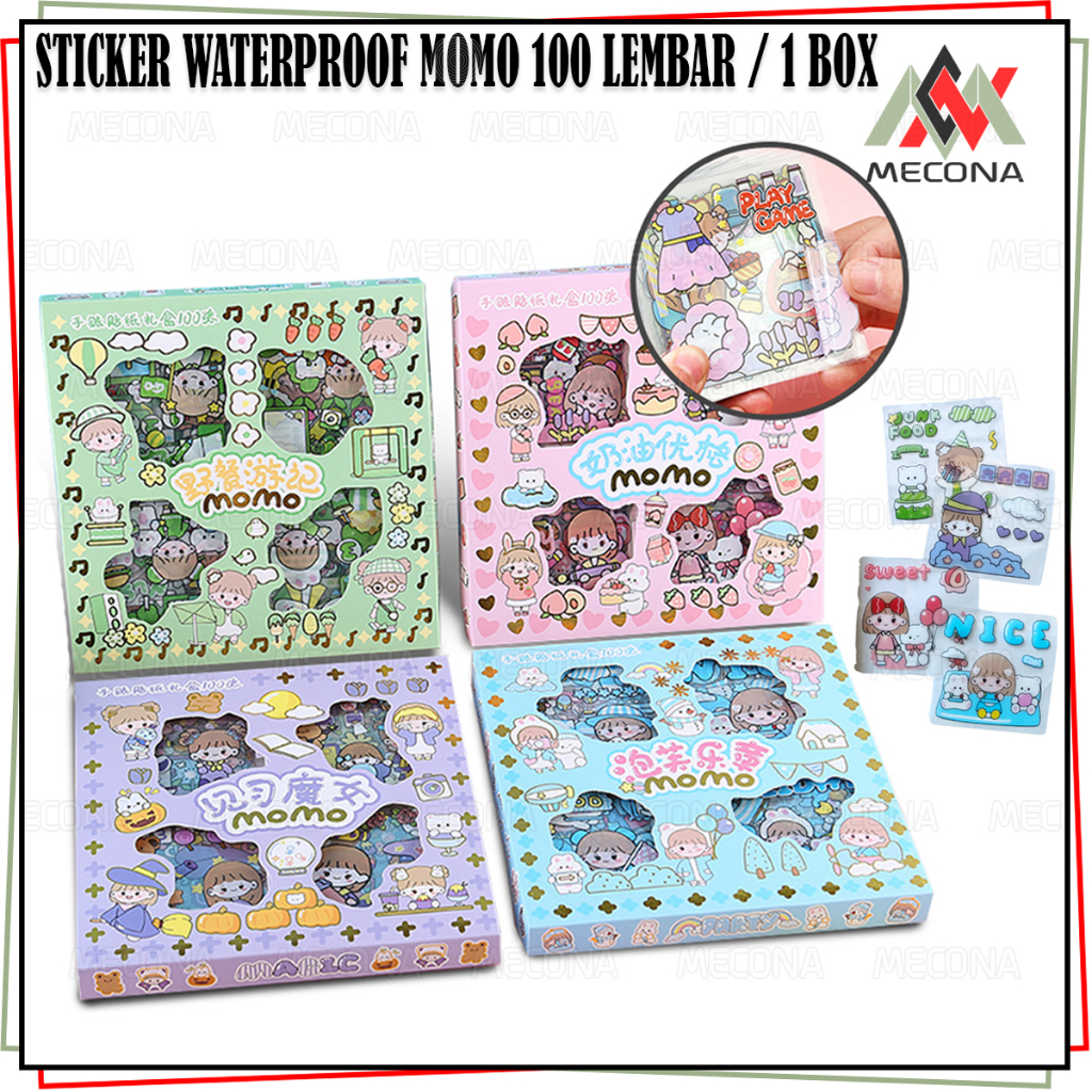 

MECONA - 100 Lembar/1 Box Stiker Motif Kartun Korea Waterproof Anti Air Momo
