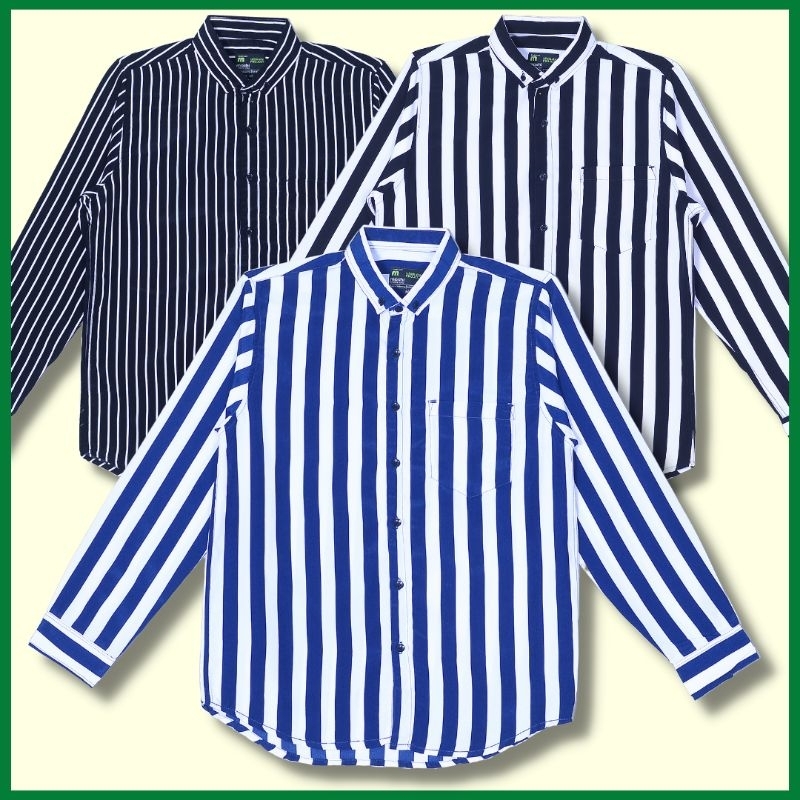 Kemeja Salur Stripe Pria Lengan Panjang Hitam Putih Biru Premium