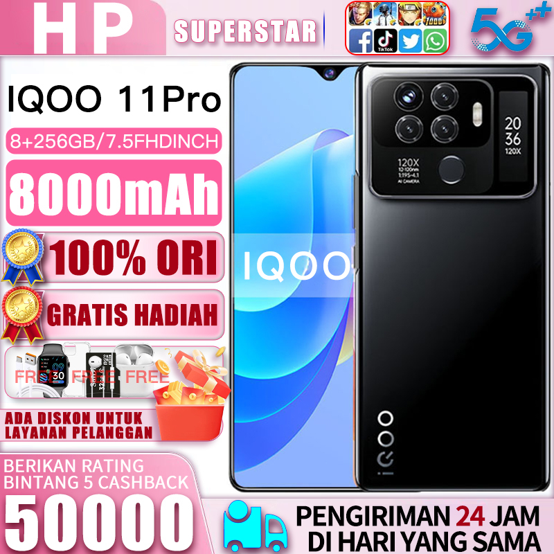 Bisa COD hp IQOO 11 Pro GSM 4G/5G RAM 8GB/ ROM 256GB hp terbaru 2023 7,5 inci 58MP AI HD Camera Pons