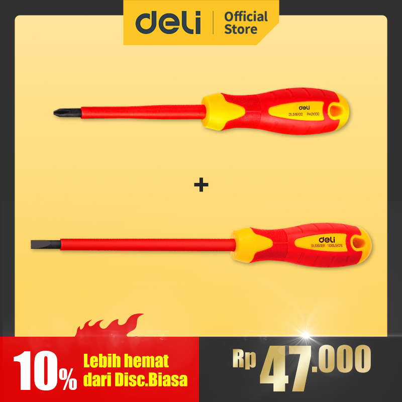 Deli Set Obeng Insulated 1000 Volt Plus & Minus (Ph2 x 100mm) + (5.5 x 125mm)