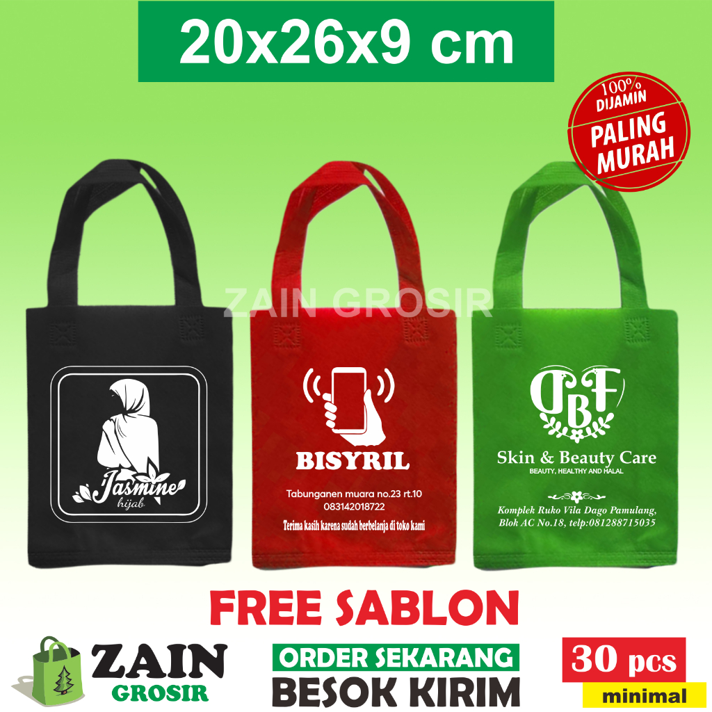 

1 HARI BERES Sablon Custom 20x25x9 cm Tas spunbond tali kain nonwoven furing press kantong bag goodie souvenir