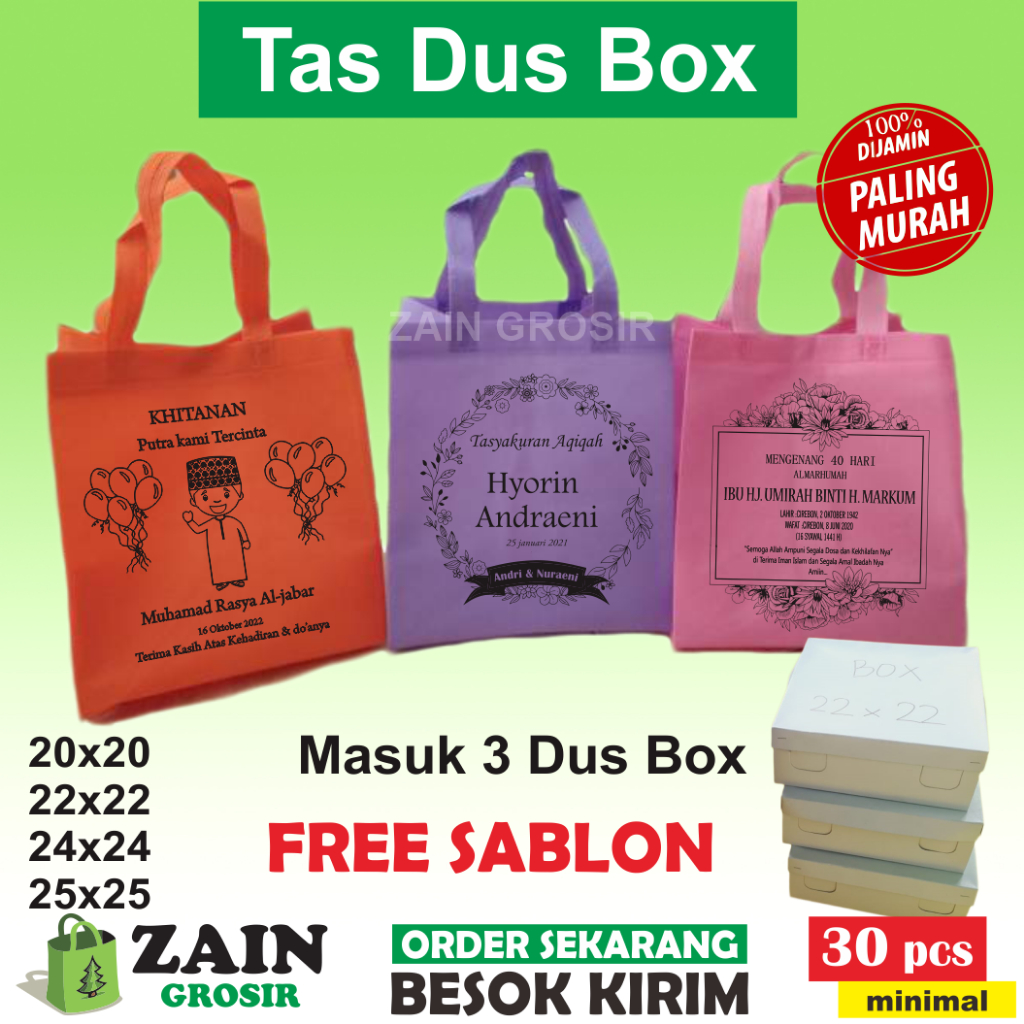 

1 HARI BERES Sablon Custom Tas box dus 22x22 25x25 kotak nasi kantong souvenir spunbond press hajat pengajian murah hampers syukuran sunatan khitanan