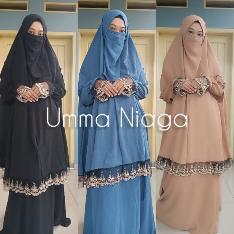 Gamis Syari Set Annur Renda Gold Free Cadar || gamis crinkle airflow