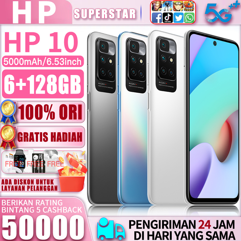 Baru Smartphone 10 ram 6GB+128GB Layar 6.5inch 50MP Camera FHD handphone 5G/4G Dual SIM Dual Standby