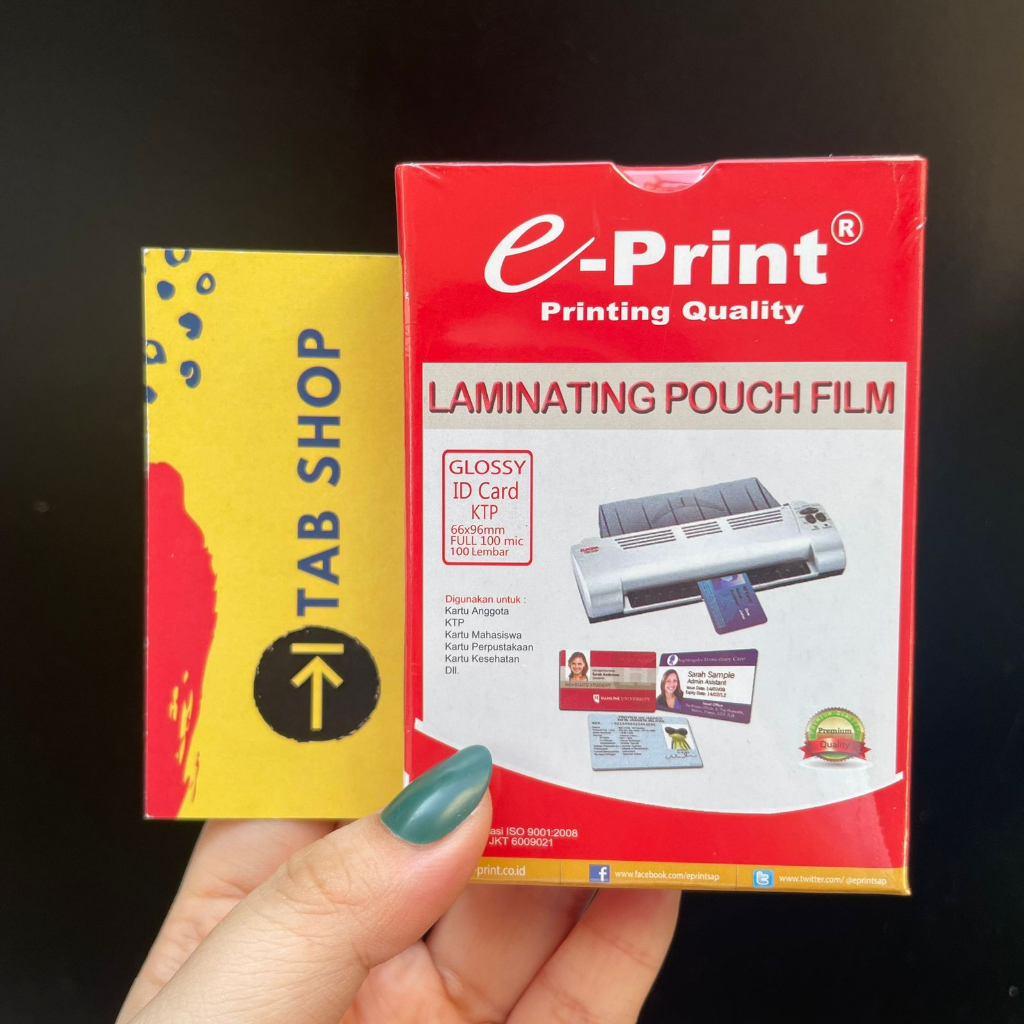 

TAB SHOP - E-PRINT LAMINATING POUCH GLOSSY KTP ID CARD 100 MIC 100 SHEETS - E-PRINT LAMINATING LAMINASI GLOSY PANAS KTP 100 MIC LEMBAR