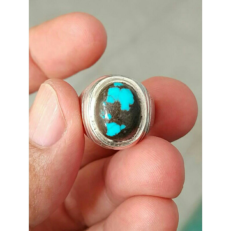 CINCIN BATU PIRUS PERSIA BIRU PANCI NATURAL RING PERAK