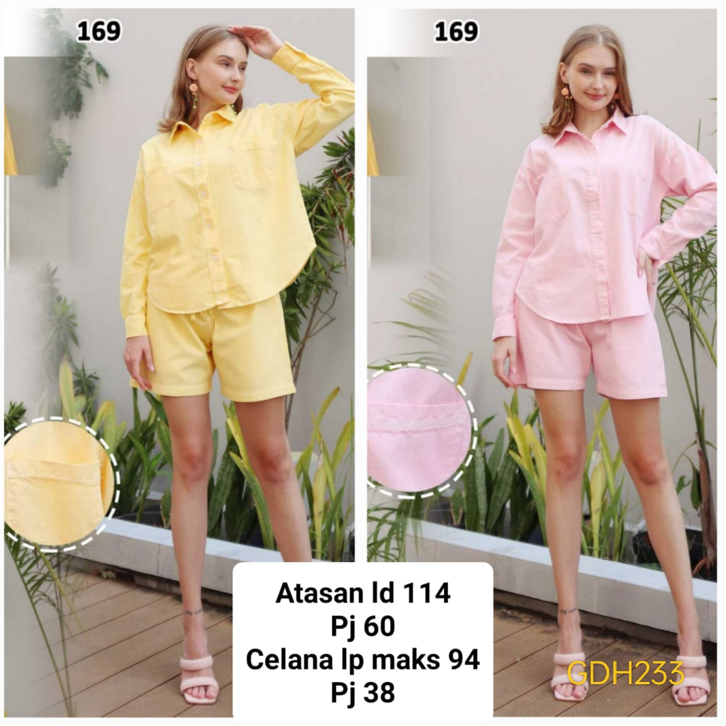 GDH233 Setelan Wanita Jeans Polos Warna Kuning Pink Atasan Lengan Panjang Full Kancing Jumbo LD114 C
