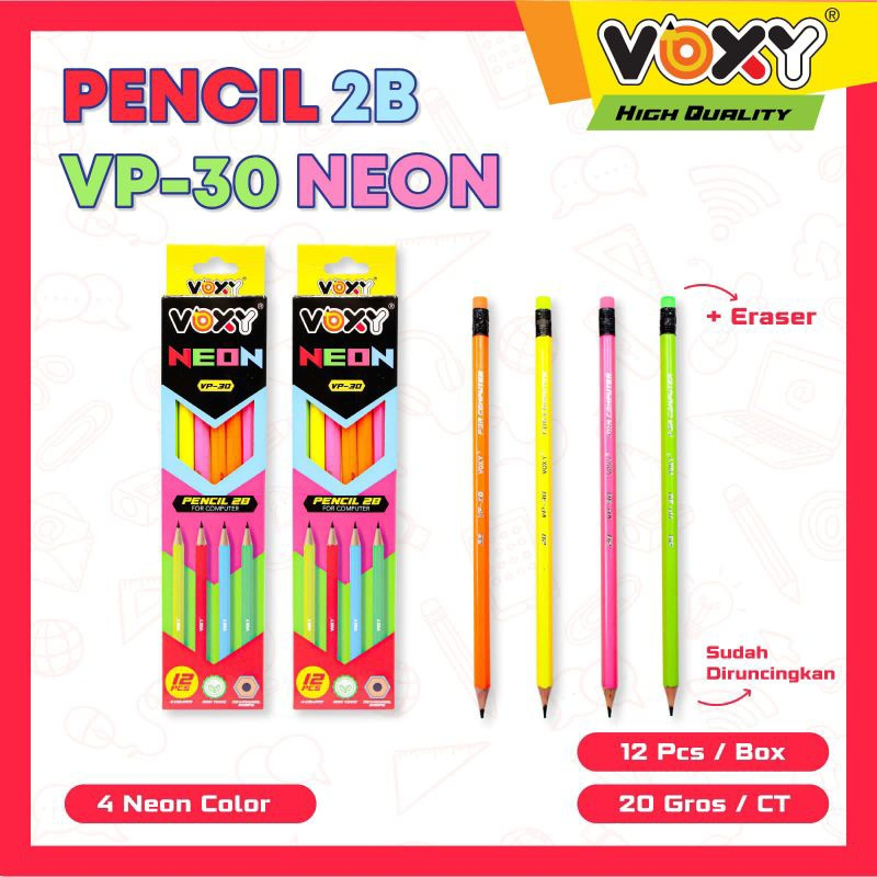 

(12pcs) Pensil 2B Neon Voxy VP-30 Plus Penghapus Murah Grosir/ Pencil Ujian Alat Sekolah dan Kantor