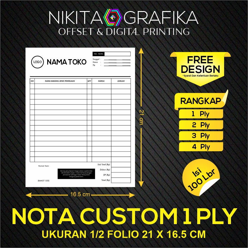 

Nota Custom 1/2 Folio 1 Ply 1 Rangkap Nota Surat Jalan Faktur Kwitansi Resep Form