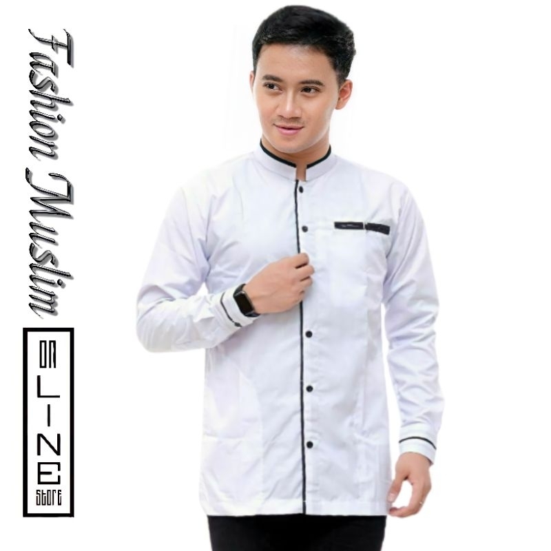 Baju Koko Hadroh Warna Putih Polos Lengan Panjang Original Elrumi Terbaru Motif LC Kemeja Koko Pria 