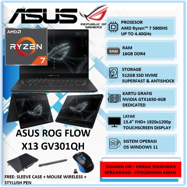 Laptop Gaming Touchscreen Asus ROG Flow X13 Ryzen 7 16GB 512GB SSD GTX1650 4GB 14" FHD Touch