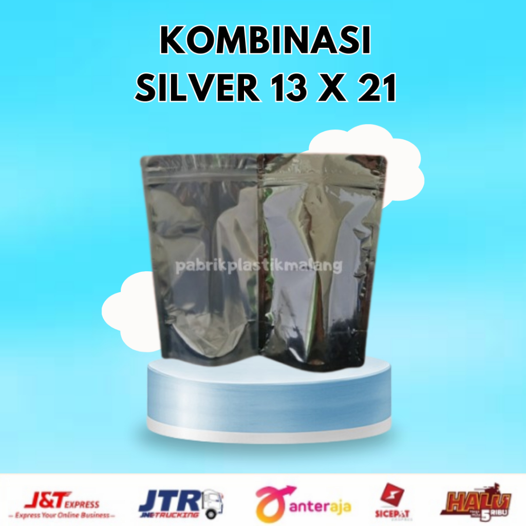 STANDING POUCH KOMBINASI SILVER13X21/13 x 21 KPACK KLIP BERDIRI KEMASAN KOPI