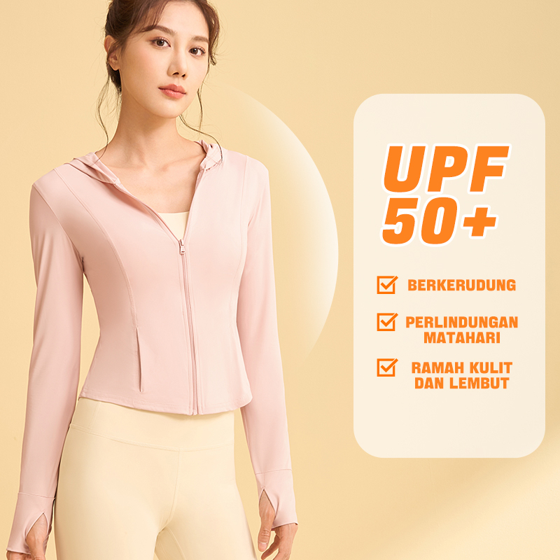 RAGA Jaket Yoga Wanita Cepat Kering Sunscreen Jaket dengan penutup kepala UPF 50+ /Anti UV