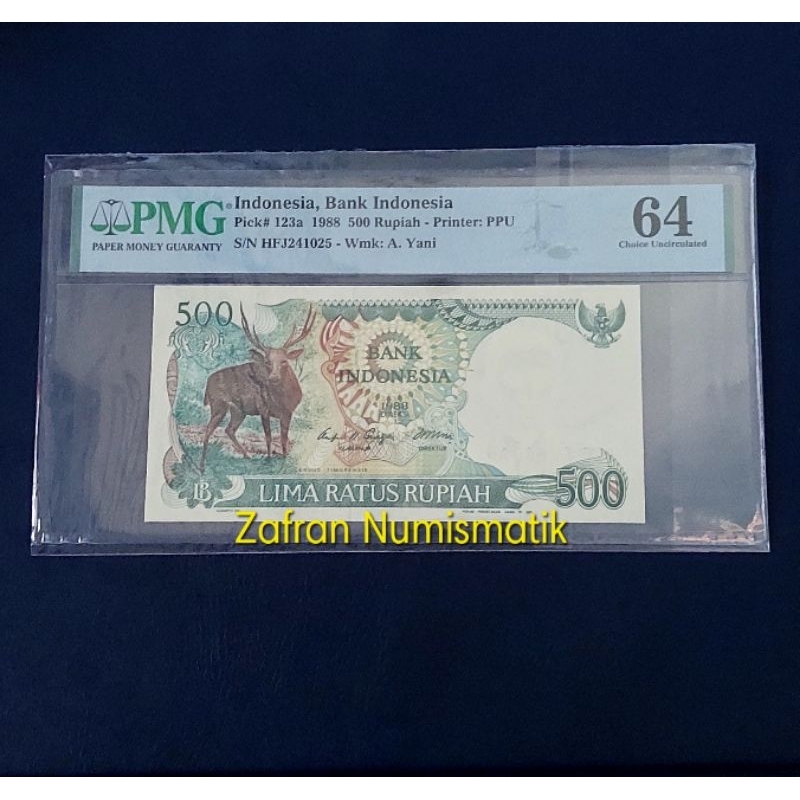 ZN1373. Uang Kuno Rp 500 Kijang Tahun 1988 Sertifikat PMG SCORE 64